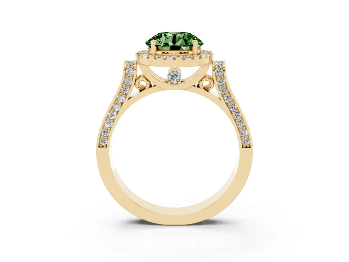 Fancy Green Round Cut Halo Pave Split Shank Prong Setting Ring Yellow gold