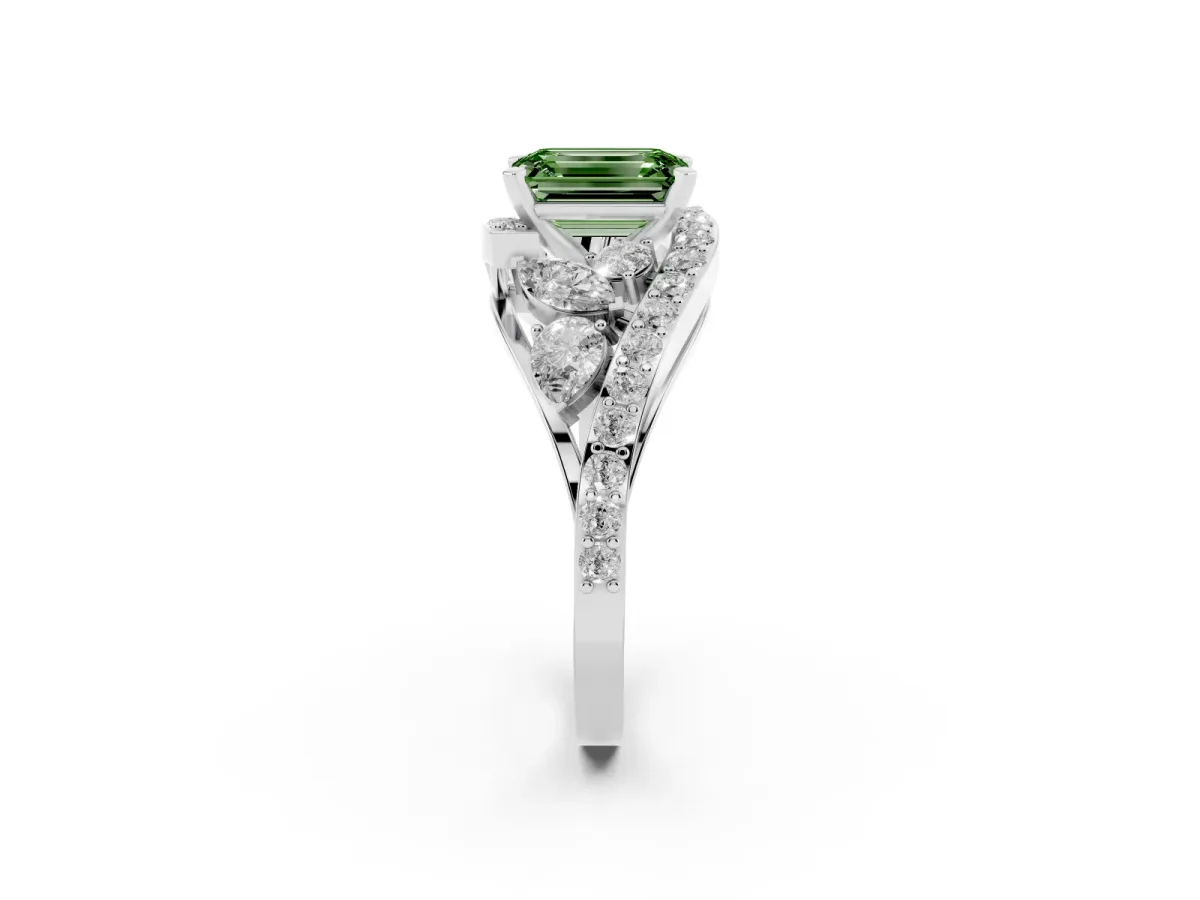 Fancy Green Emerald Cut Diamond Halo Ring with Marquise and Pavé Band in Prong Setting Silver