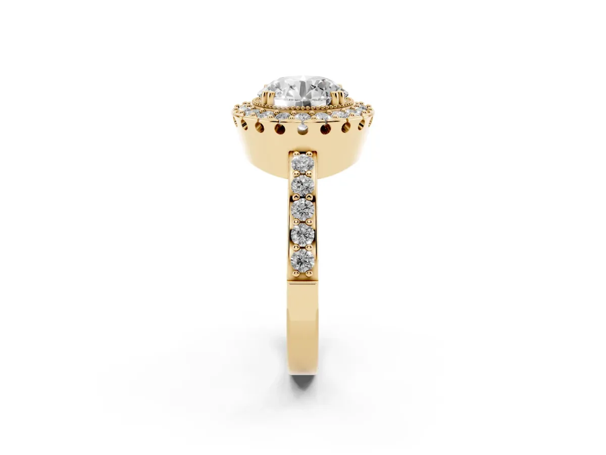 Round Cut Diamond Halo Ring with Pavé Band and Prong Setting Yellow gold