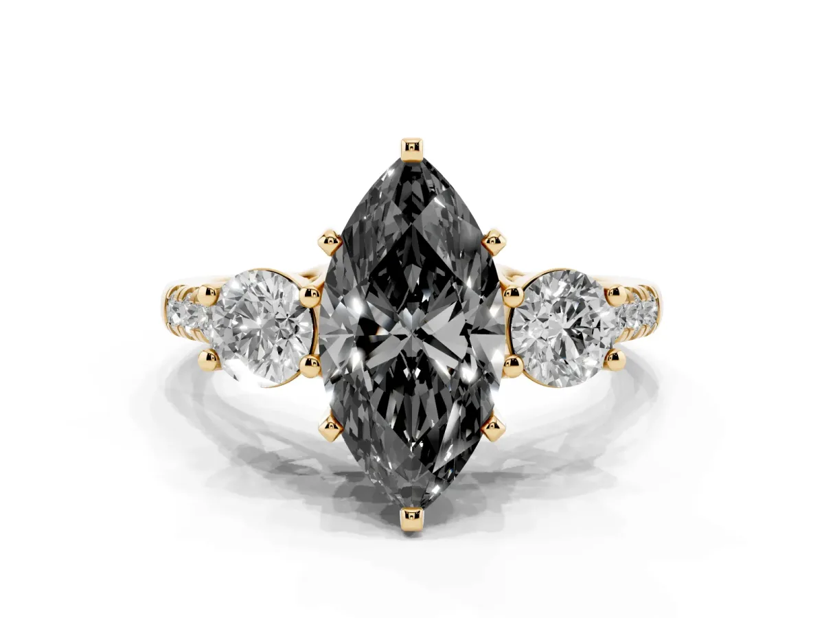 Fancy Black Three-Stone Marquise Cut Diamond Pavé Band with Four-Prong Setting Yellow gold