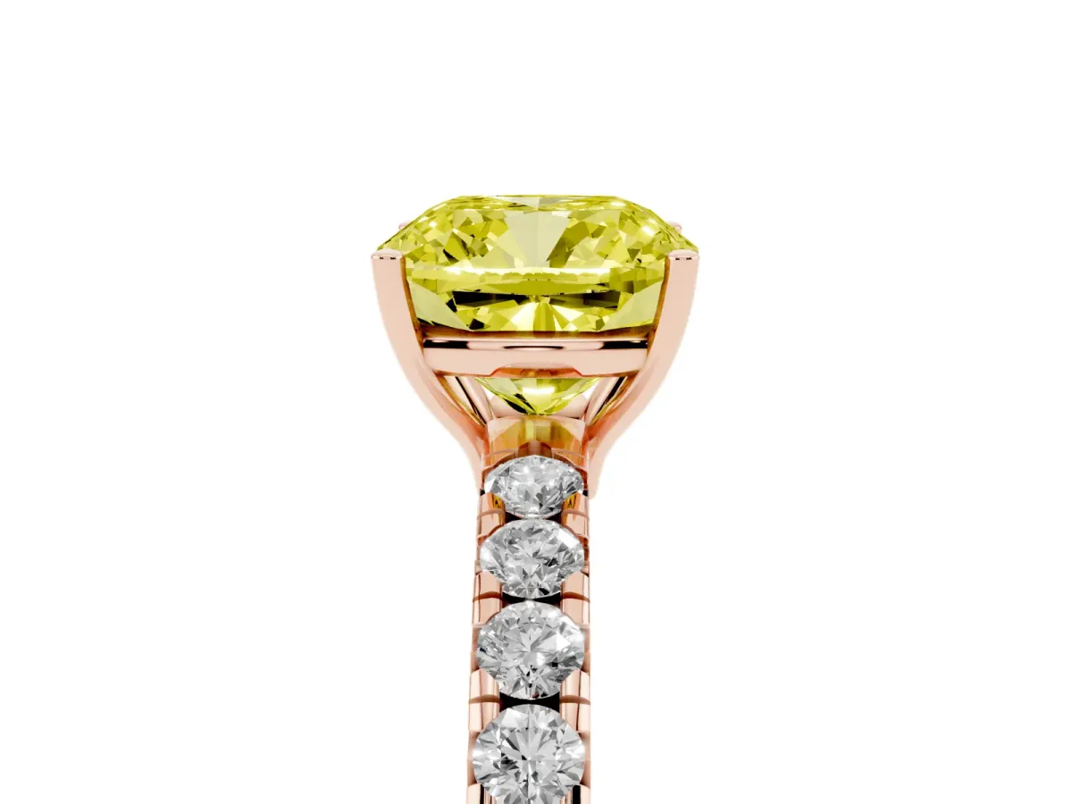 Fancy Yellow Cushion Cut Diamond Pavé Solitaire Engagement Ring with Four-Prong Setting Rose gold