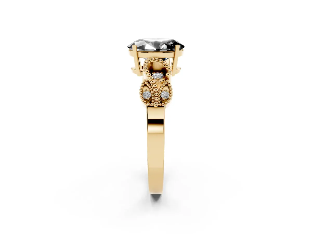 Fancy Black Oval Cut Solitaire Milgrain Leaf Band with Prong Setting Yellow gold