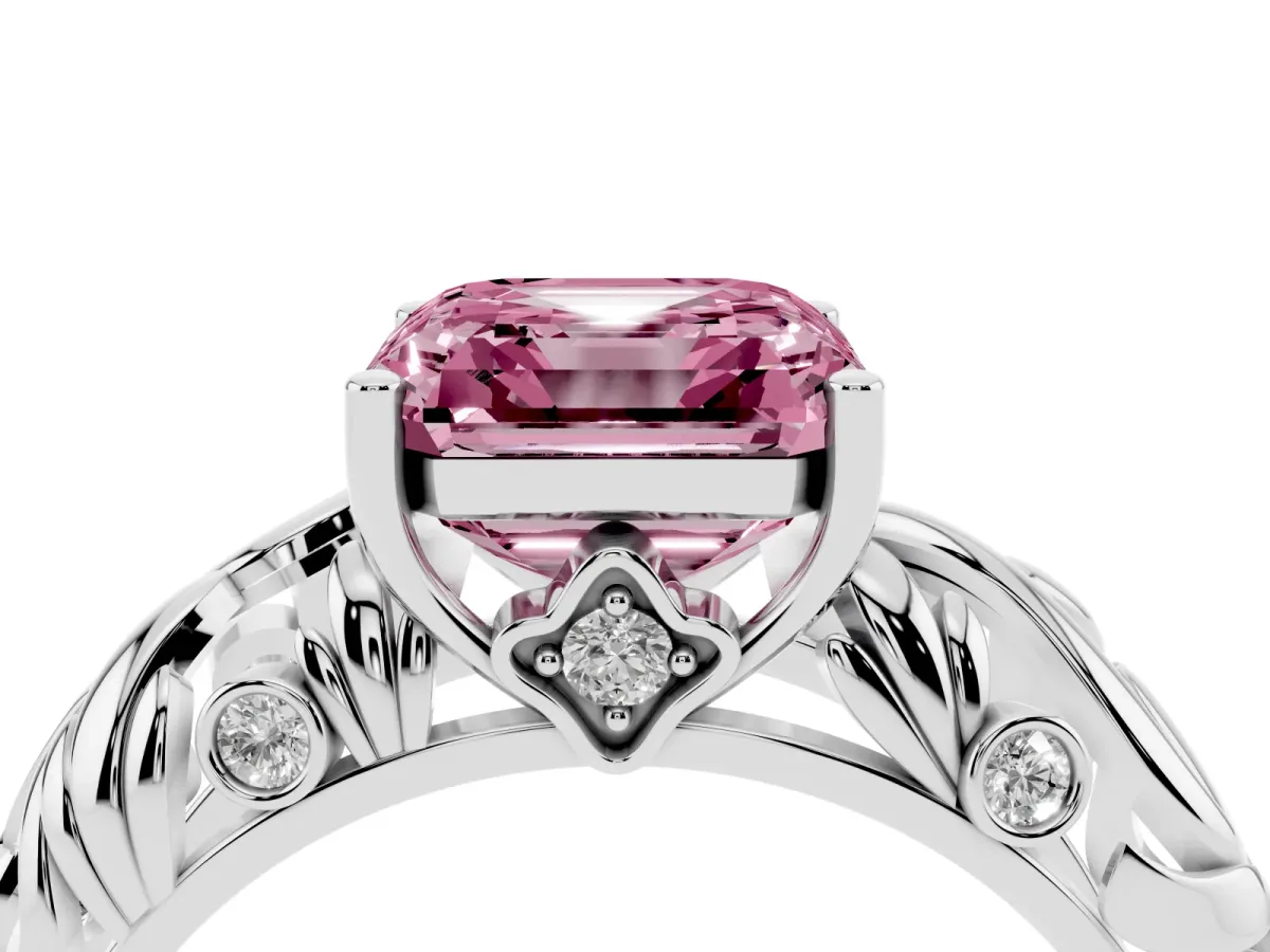 Fancy Pink Asscher Cut Solitaire Diamond Leaf-Inspired Vine Band Ring with Prong Setting Silver