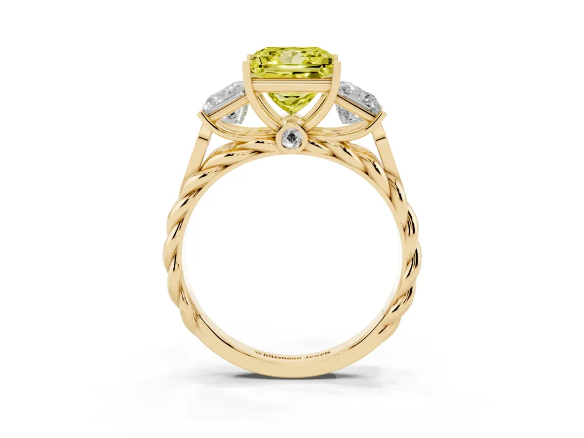 Fancy Yellow Three-Stone Princess Cut Diamond Braided Band Ring with Four-Prong Setting Yellow gold