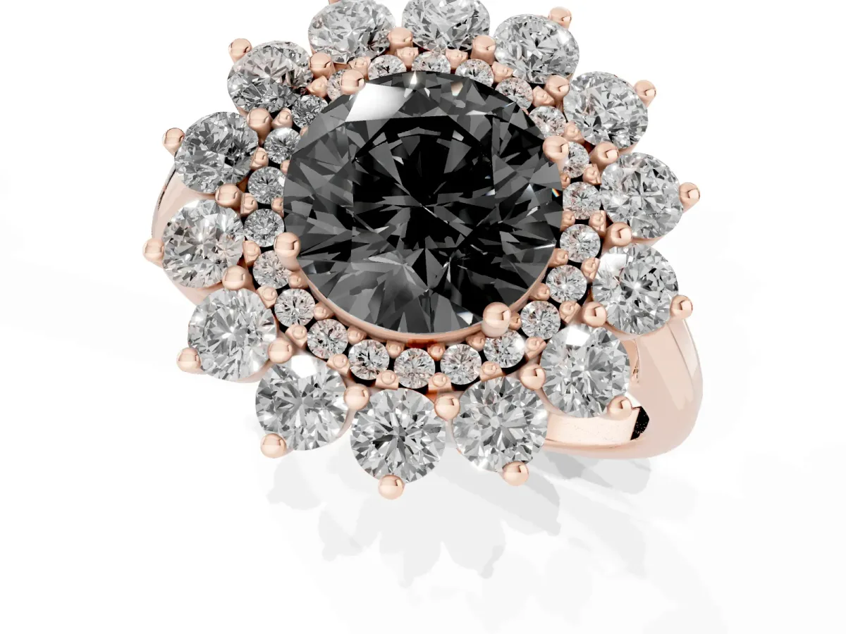 Fancy Black Round Cut Diamond Floral Double Halo Engagement Ring with Prong Setting Rose gold