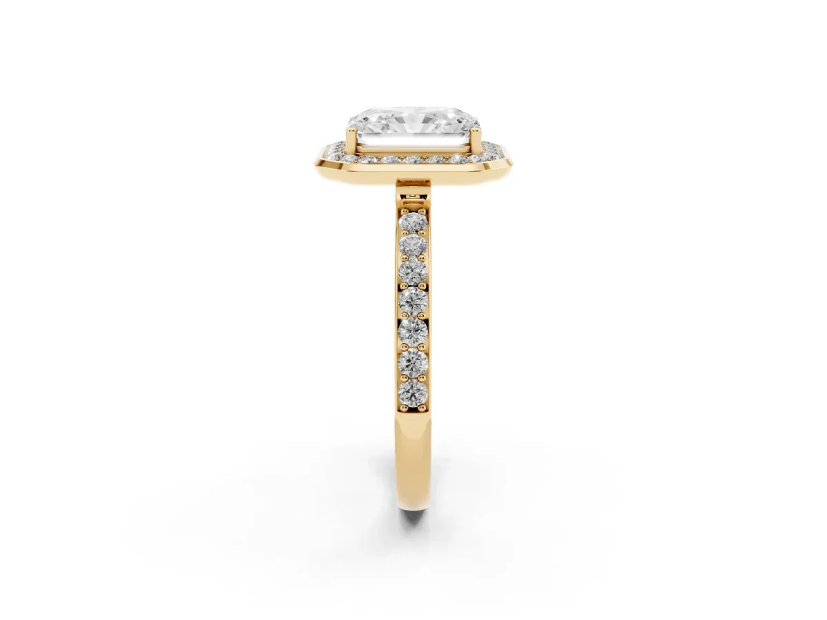 Radiant Cut Diamond Halo Ring with Bezel Frame and Pavé Band Yellow gold