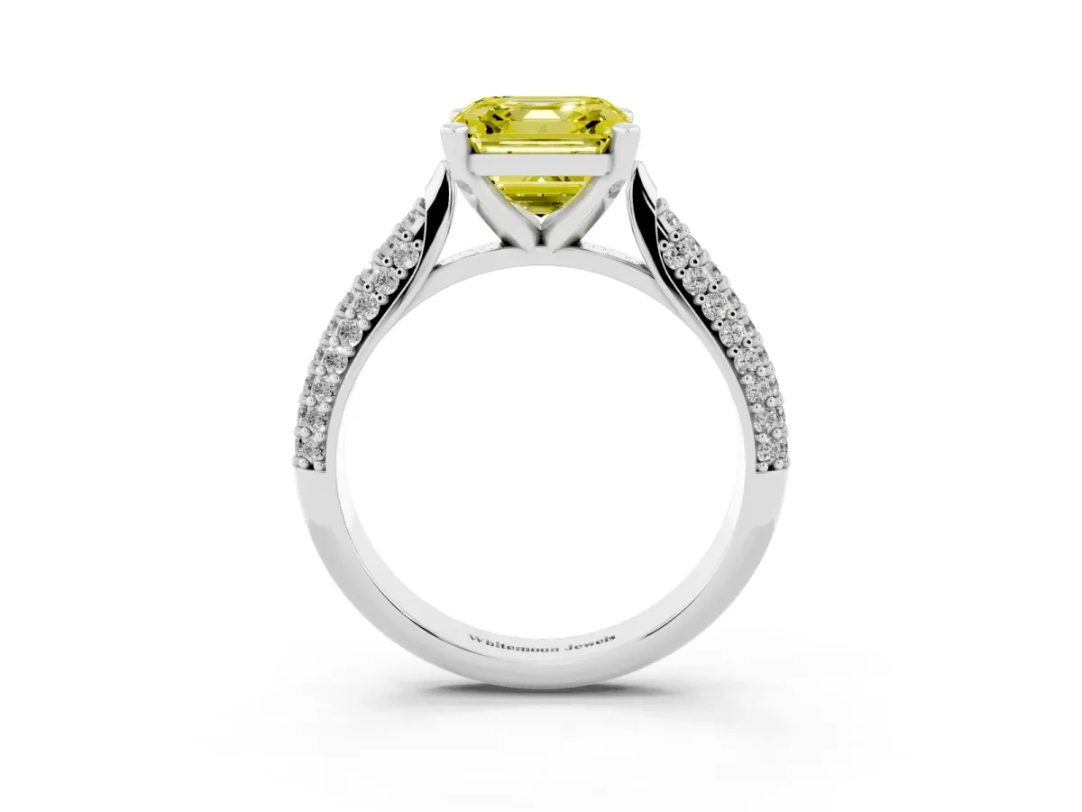 Fancy Yellow Asscher Cut Diamond Solitaire Engagement Ring with Multi-Row Round Pavé Band and Prong Setting White gold