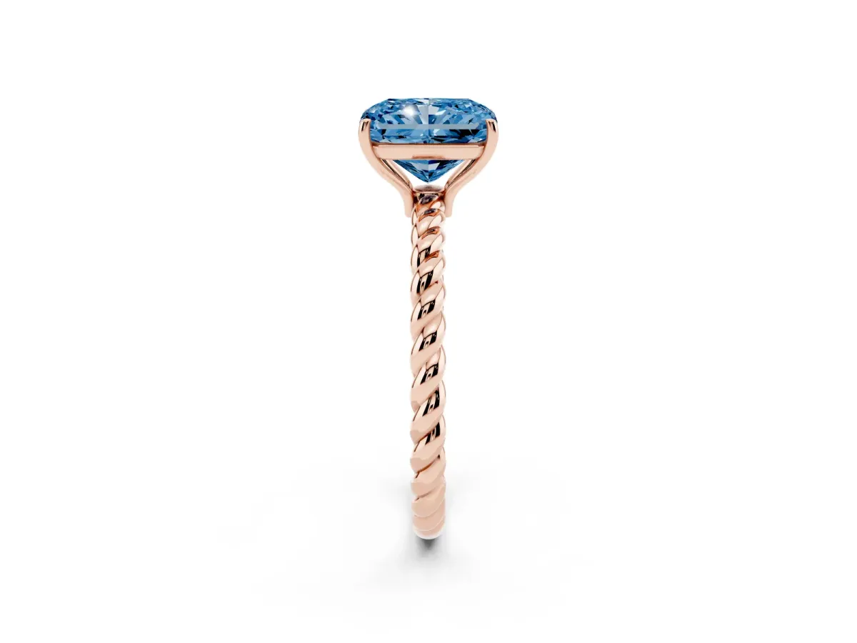 Fancy Blue Radiant Cut Solitaire Twist Band Ring with Four-Prong Setting Rose gold