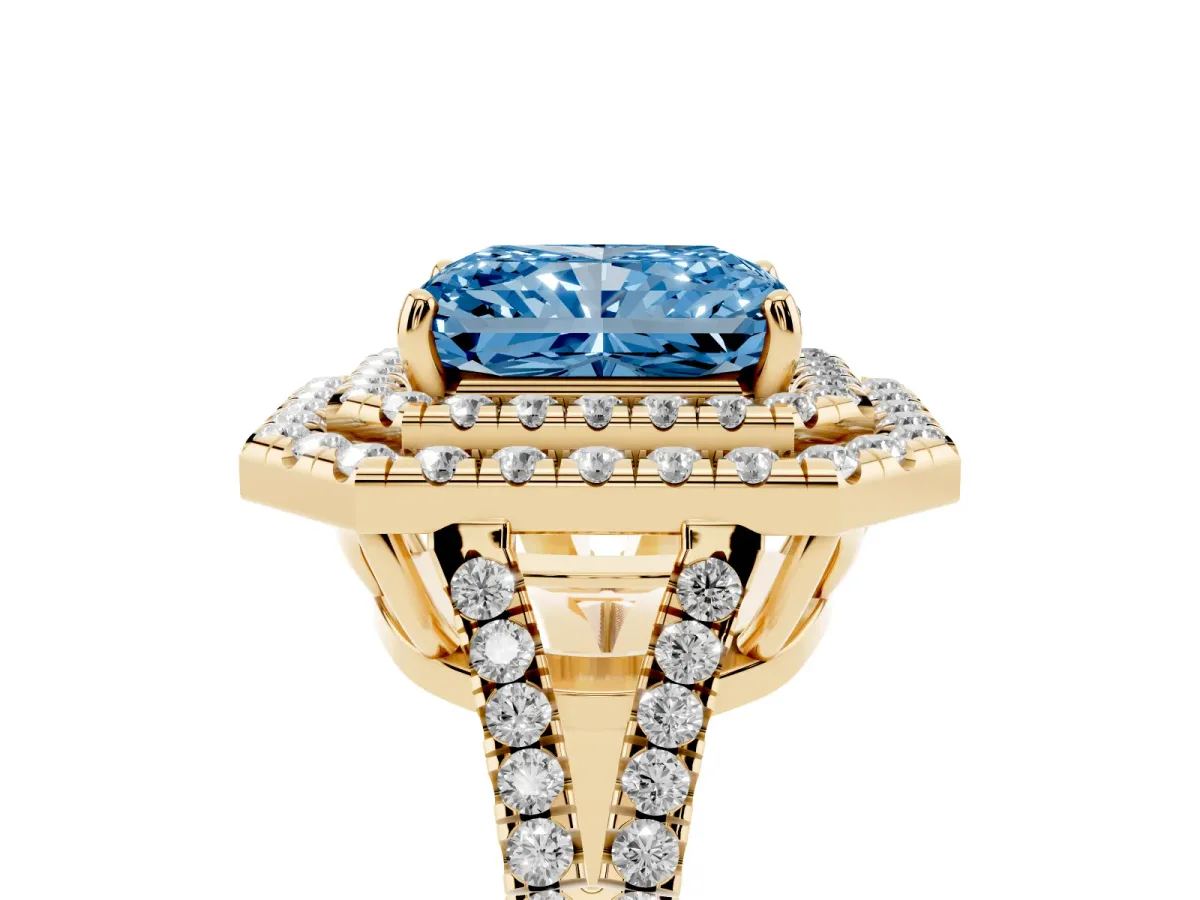 Fancy Blue Radiant Cut Diamond Double Halo Ring with Pavé Band and Prong Setting Yellow gold