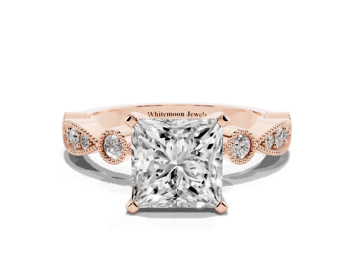 Princess Cut Milgrain Bezel Diamond Engagement Ring with Solitaire Prong Setting Rose gold