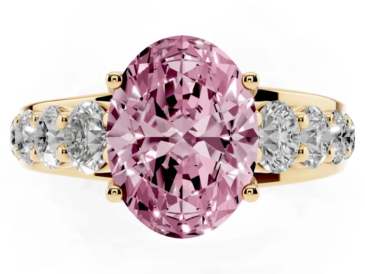 Fancy Pink Oval Cut Diamond Engagement Ring with Pavé Band and Four-Prong Setting Yellow gold
