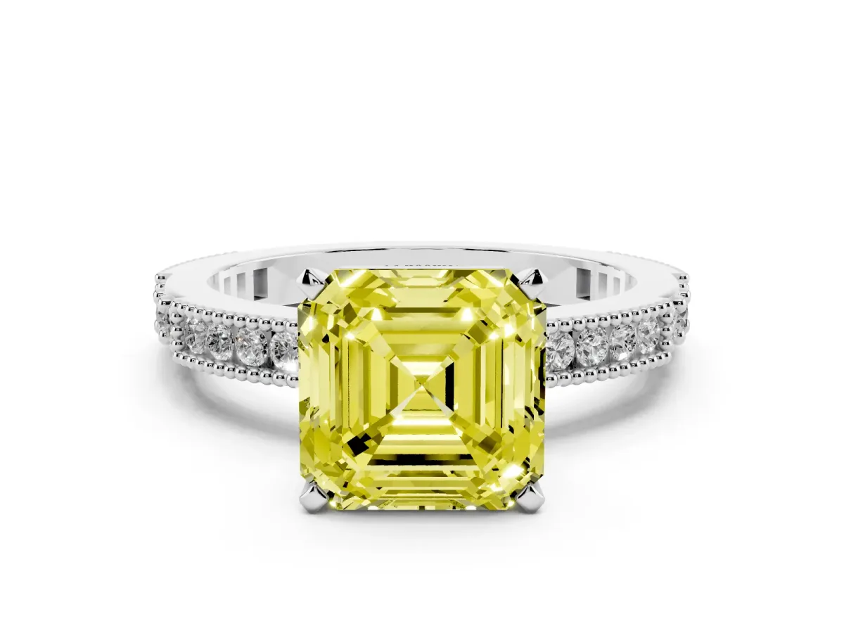Fancy Yellow Asscher Cut Solitaire with Pavé Band and Four-Prong Setting Silver