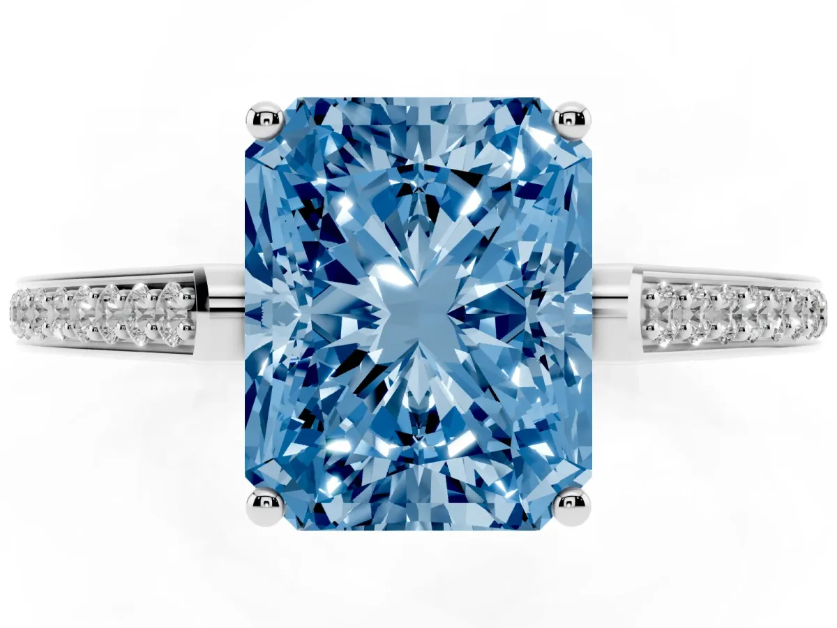 Fancy Blue Radiant Cut Cut Cathedral Pave Diamond Engagement Ring with Six-Prong Setting Silver