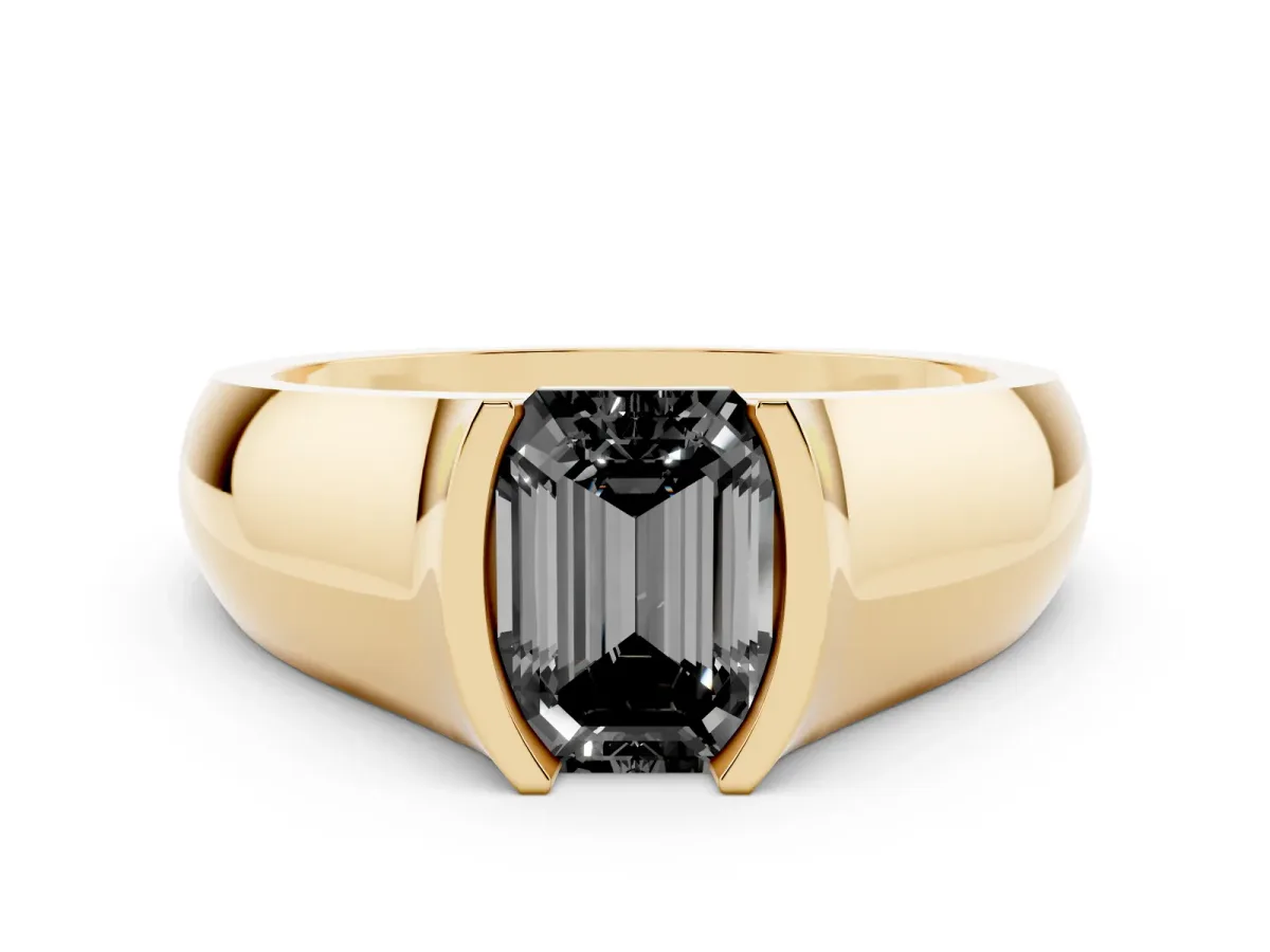 Fancy Black Emerald Cut Solitaire Bezel Set Diamond Ring with Wide Band Yellow gold