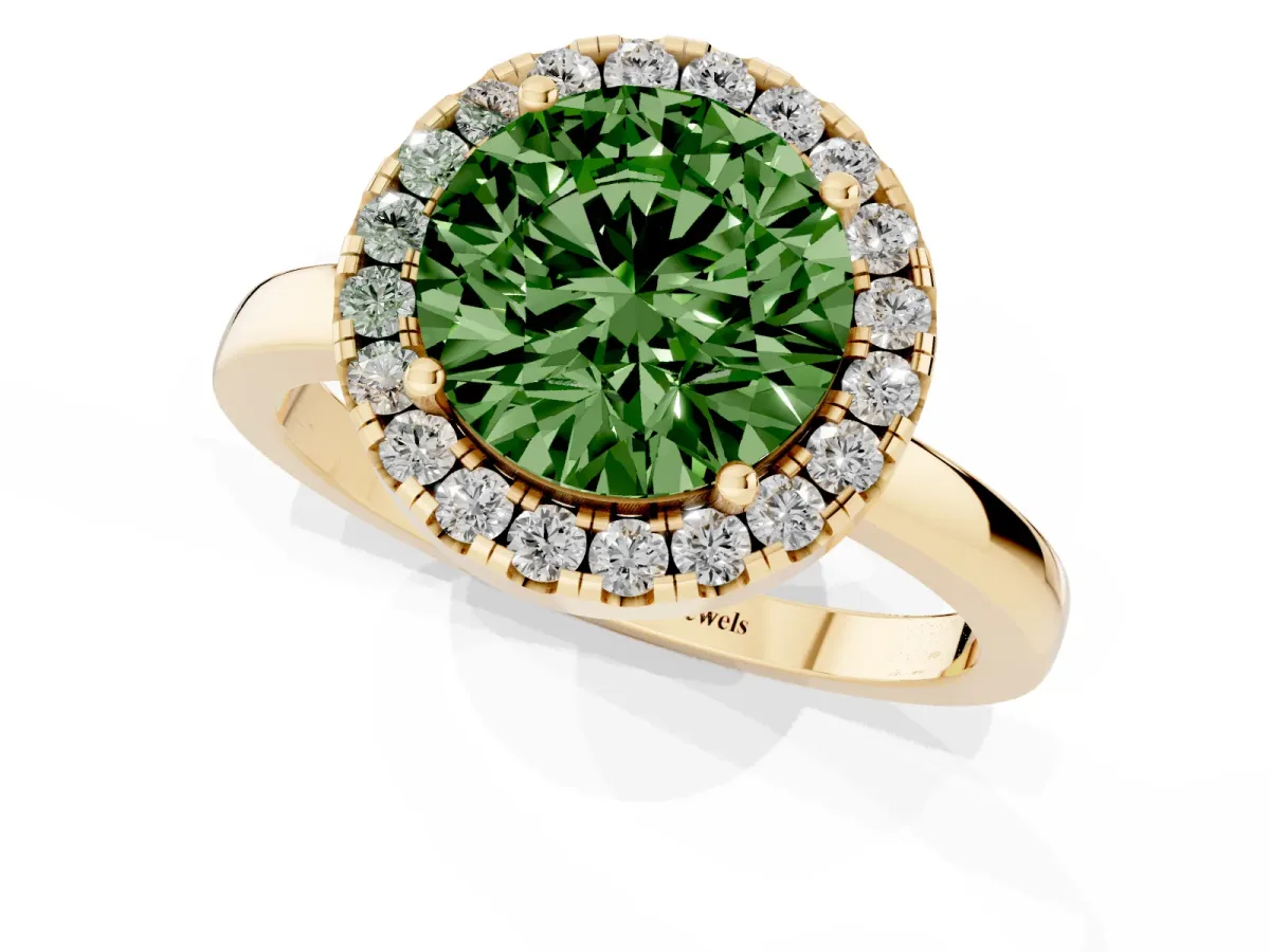 Fancy Green Round Cut Halo Diamond Solitaire with Pavé Band and Four-Prong Setting Yellow gold