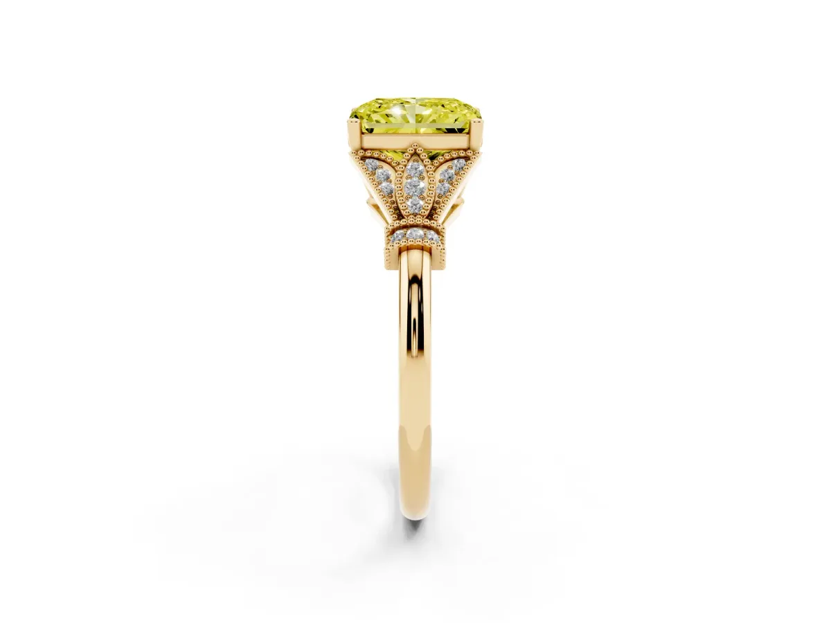 Fancy Yellow Radiant Cut Diamond Solitaire Ring with Floral Filigree and Pave Accents Yellow gold