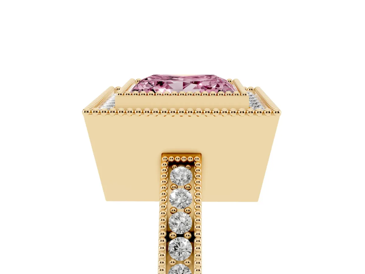 Fancy Pink Princess Cut Cut Halo Diamond Ring with Pavé Band and Milgrain Prong Setting Yellow gold