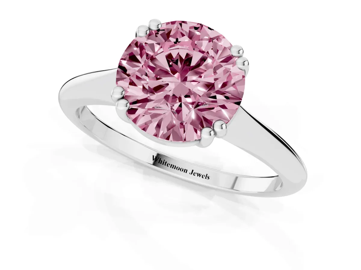 Fancy Pink Round Cut Solitaire Diamond Ring with Six-Prong Setting and Classic Band Silver