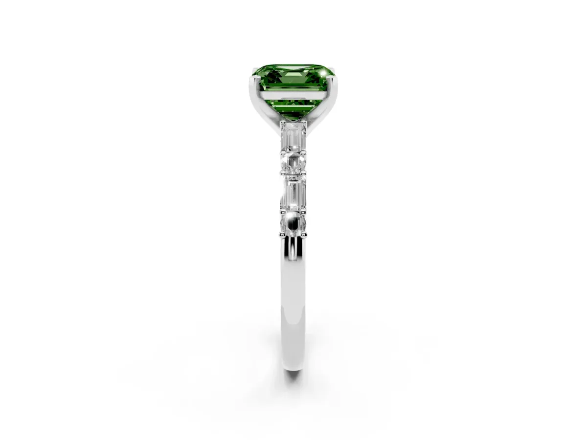Fancy Green Asscher Cut Diamond Solitaire with Side Baguettes and Channel Set Band Silver