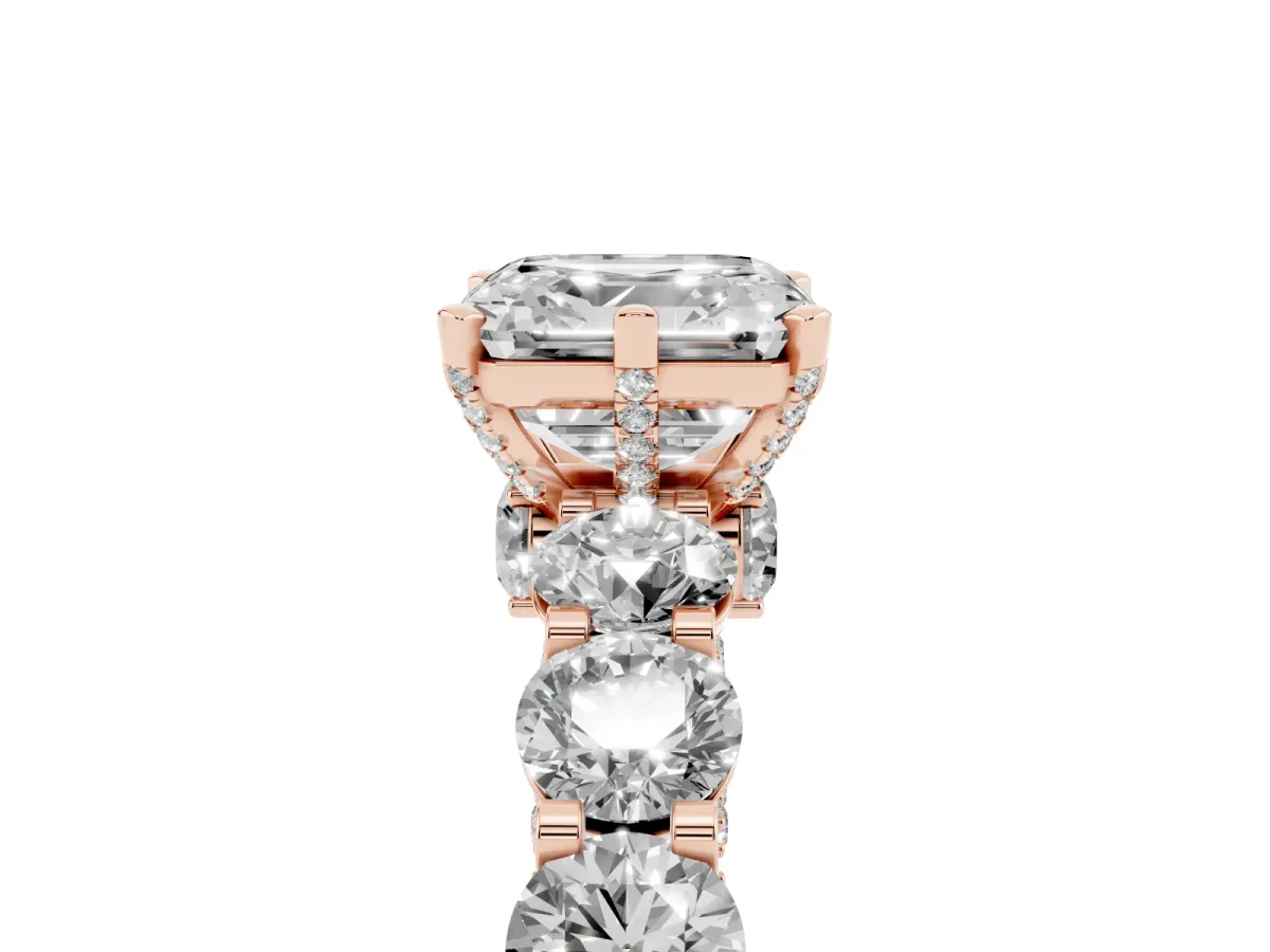 Asscher Cut Diamond Side Stone Engagement Ring with Four-Prong Setting Rose gold