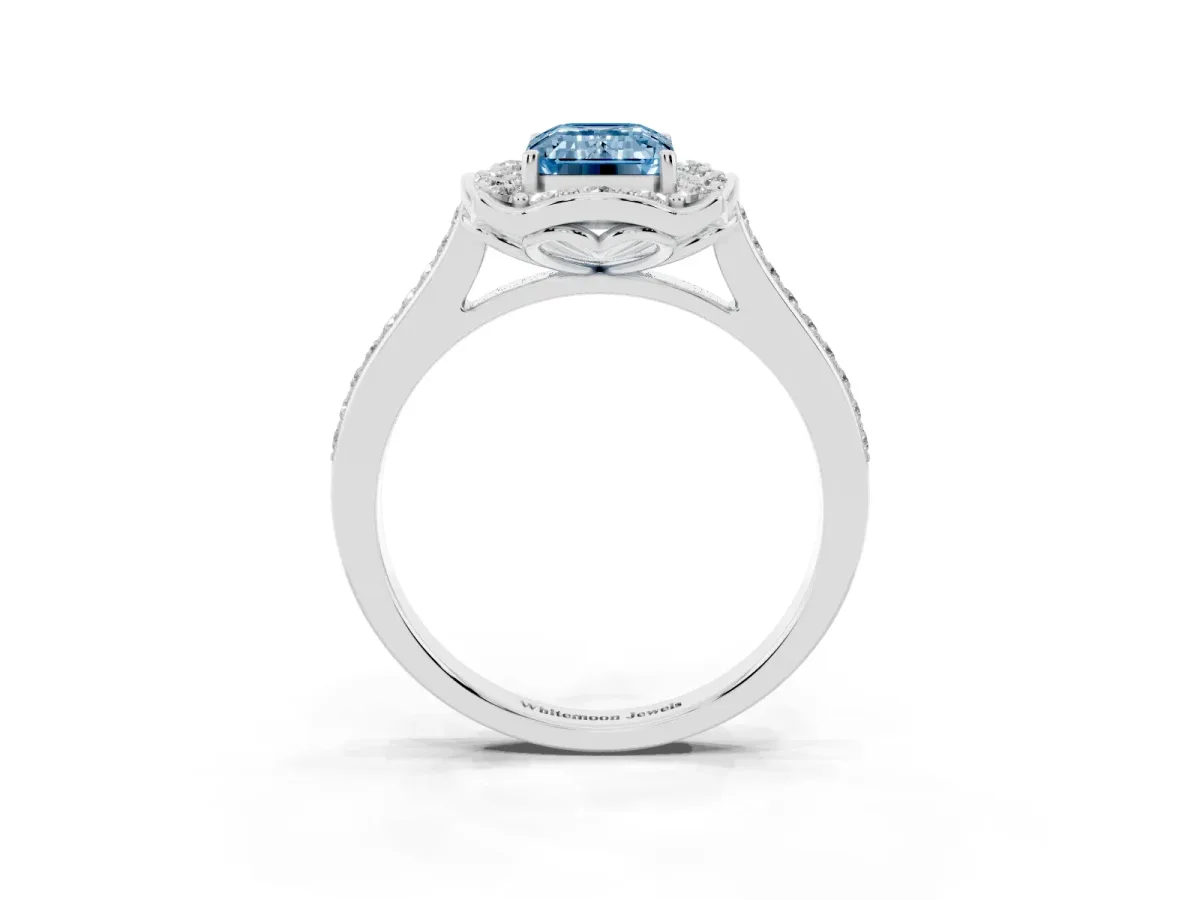 Fancy Blue Emerald Cut Halo Round Diamond Pave Band with Four-Prong Setting Silver