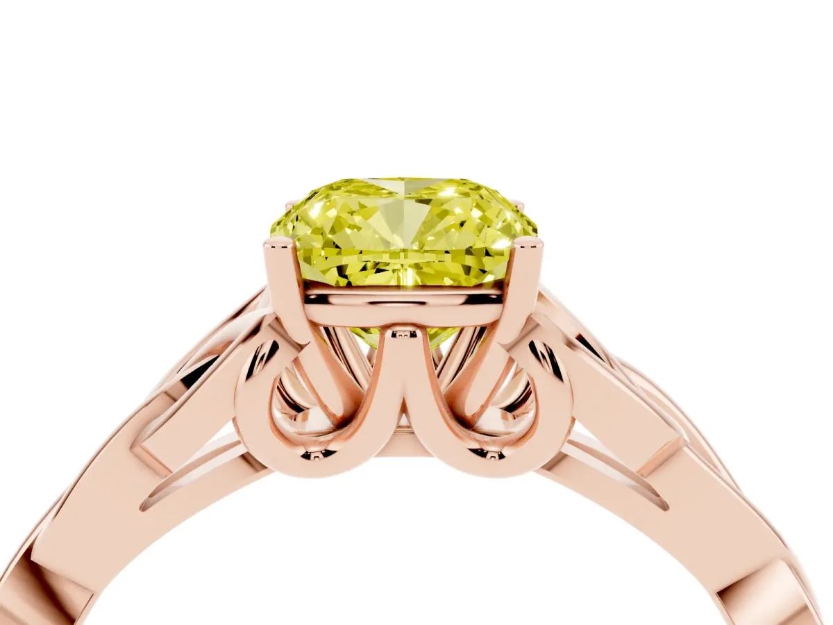 Fancy Yellow Cushion Cut Diamond Solitaire Engagement Ring with Celtic Knot Band and Four-Prong Setting Rose gold