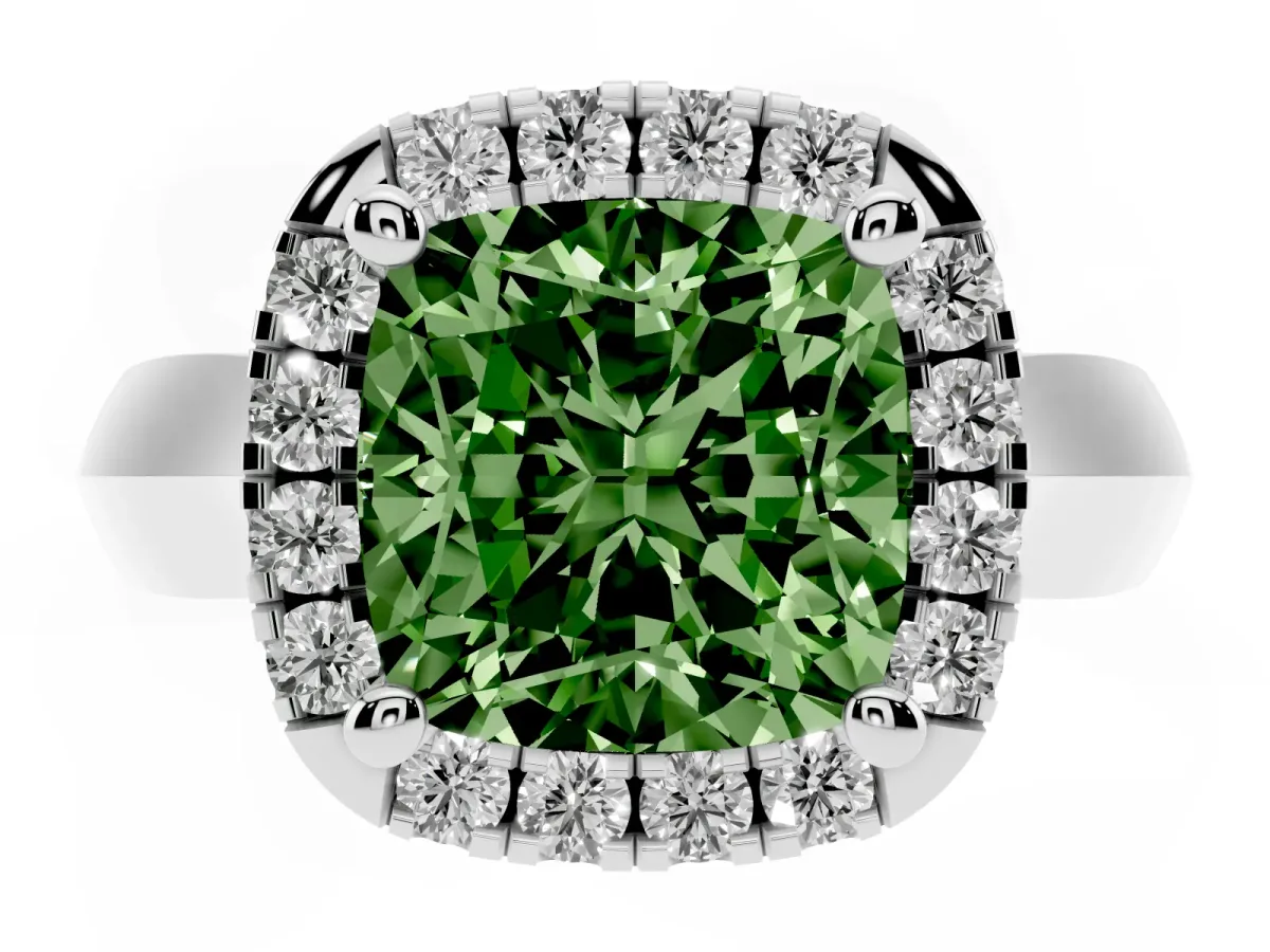 Fancy Green Cushion Cut Cut Halo Solitaire Engagement Ring with Square Band and Four-Prong Setting White gold
