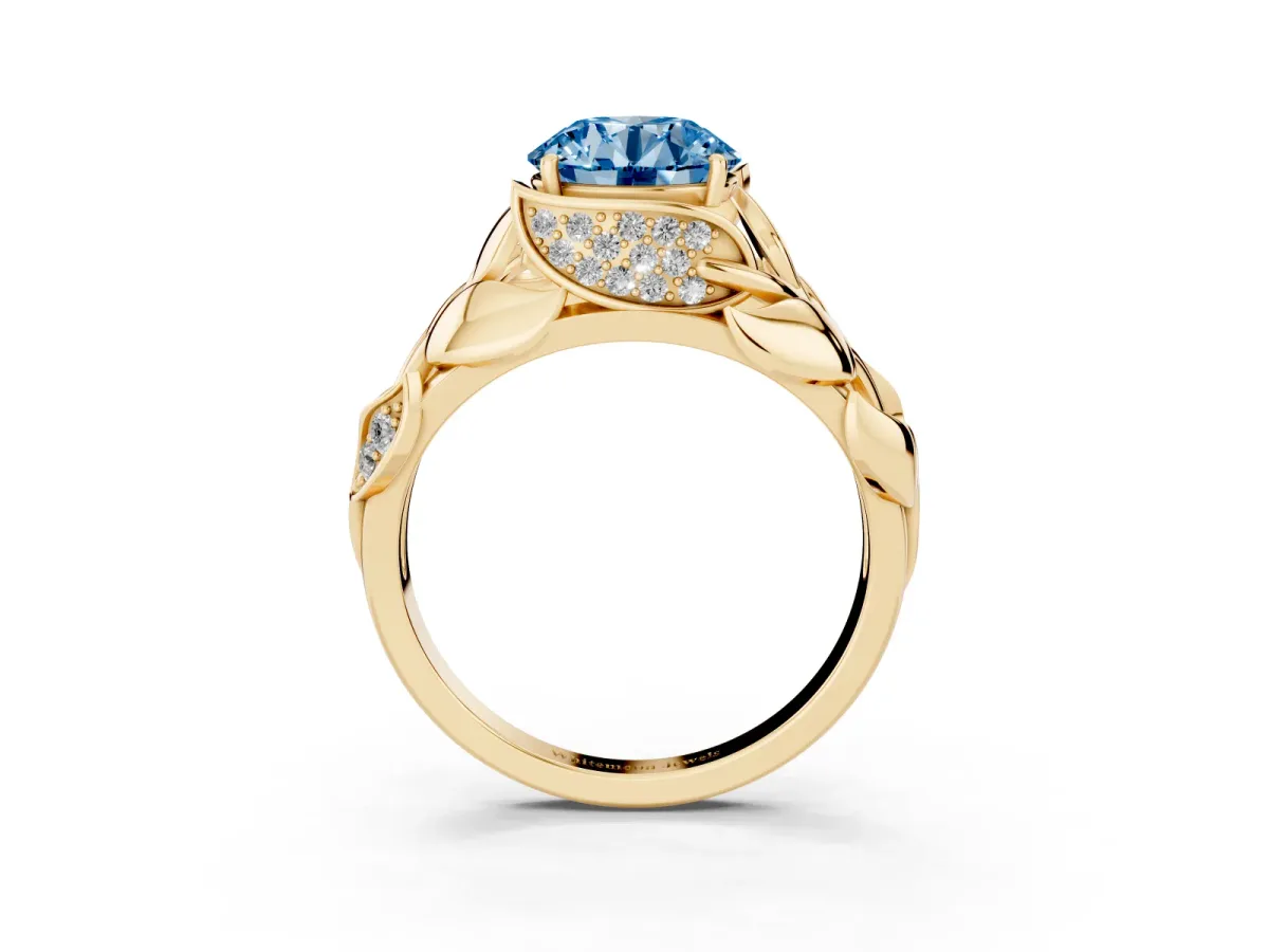 Fancy Blue Round Cut Diamond Leaf-Inspired Engagement Ring with Round Accents and Prong Setting Yellow gold
