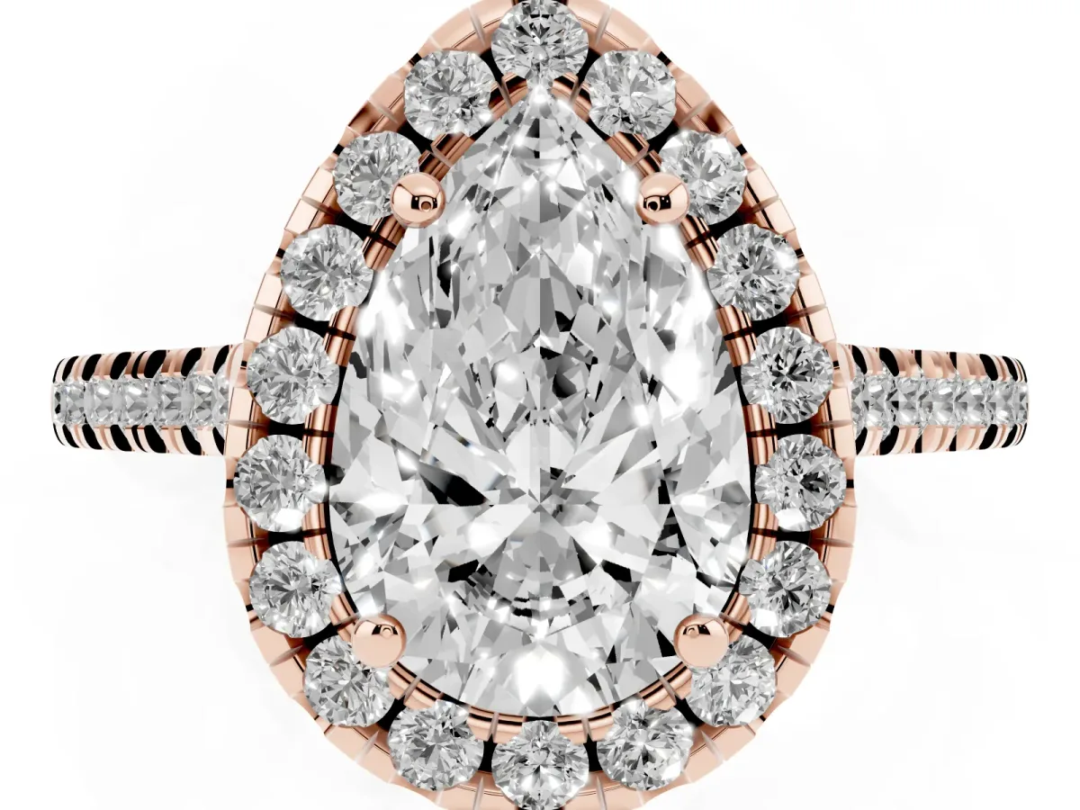 Pear Cut Diamond Cushion Halo Ring with Pavé Band Rose gold