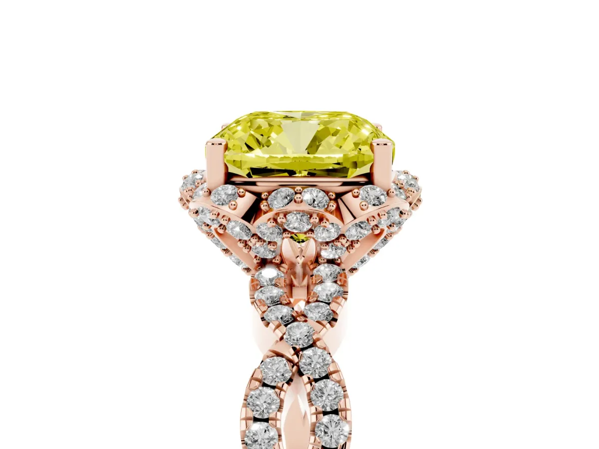 Fancy Yellow Cushion Cut Halo Twist Band Solitaire Ring with Six-Prong Setting Rose gold