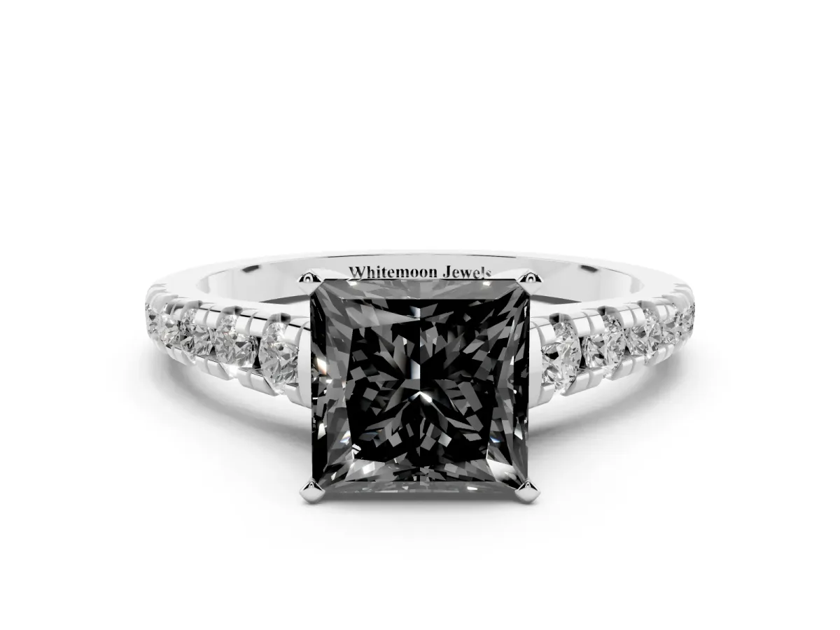 Fancy Black Princess Cut Diamond Cathedral Solitaire Ring with Round Pavé Band Silver