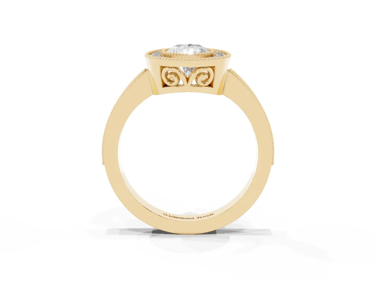 Pear Cut Cut Halo Diamond Ring with Pavé Band and Milgrain Prong Setting Yellow gold