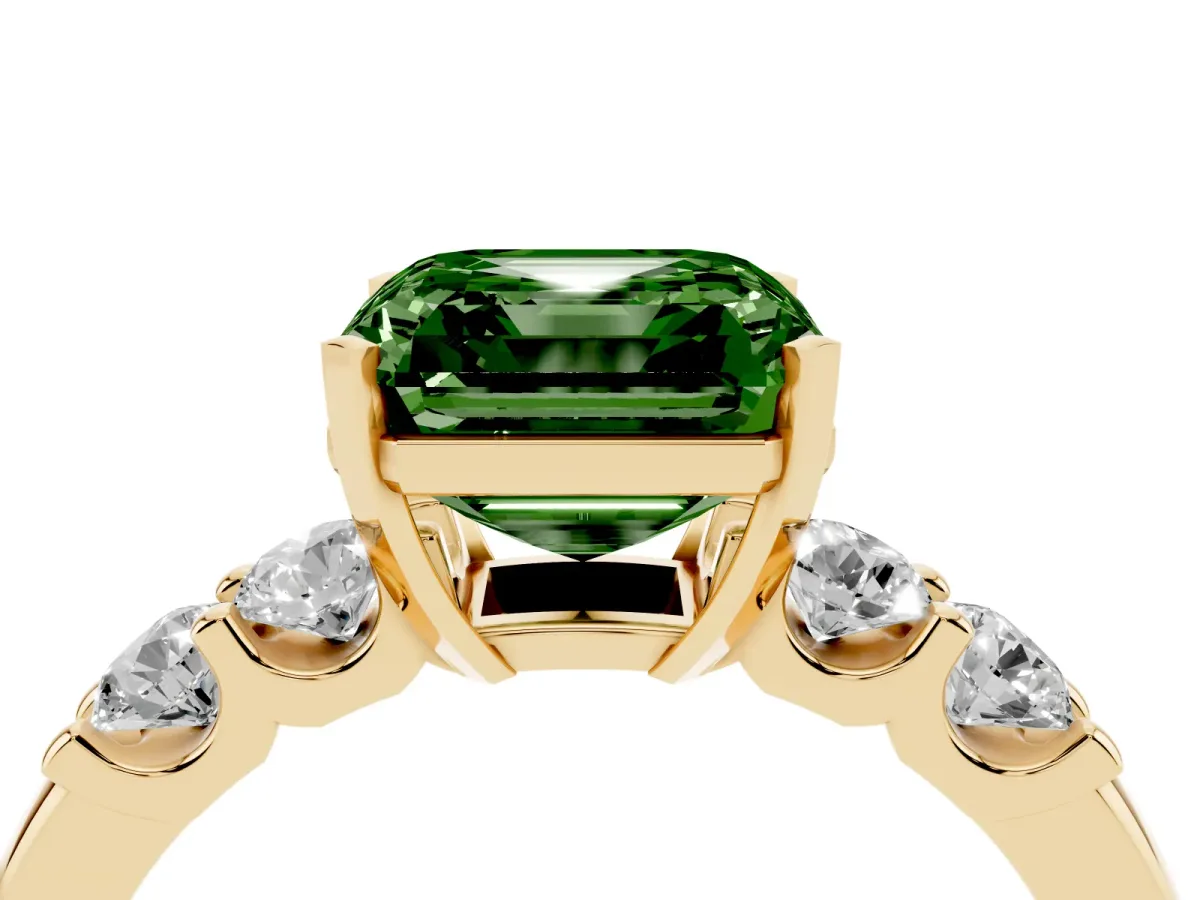 Fancy Green Asscher Cut Brilliant Cut Diamond Five-Stone Prong Set Engagement Ring with Channel Band Yellow gold