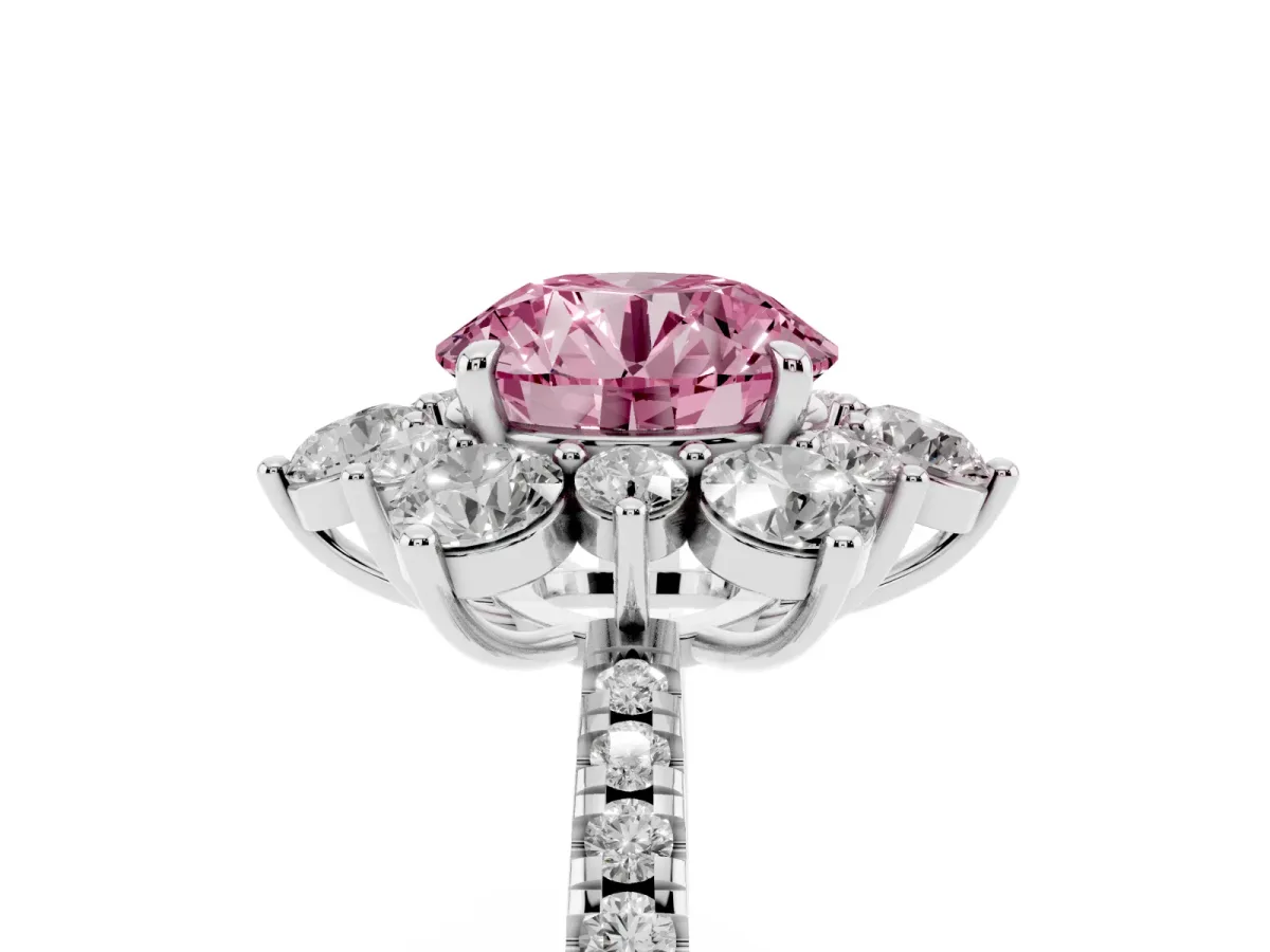 Fancy Pink Round Cut Diamond Floral Halo Ring with Round Pavé Band and Prong Setting Platinum
