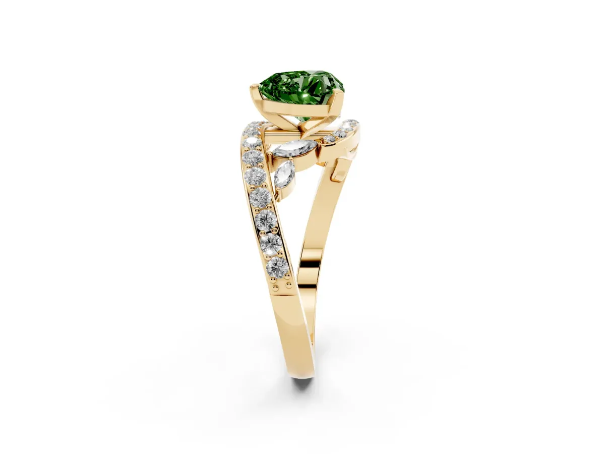 Fancy Green Heart Cut Solitaire with Pavé Twist Band and Four-Prong Setting Yellow gold