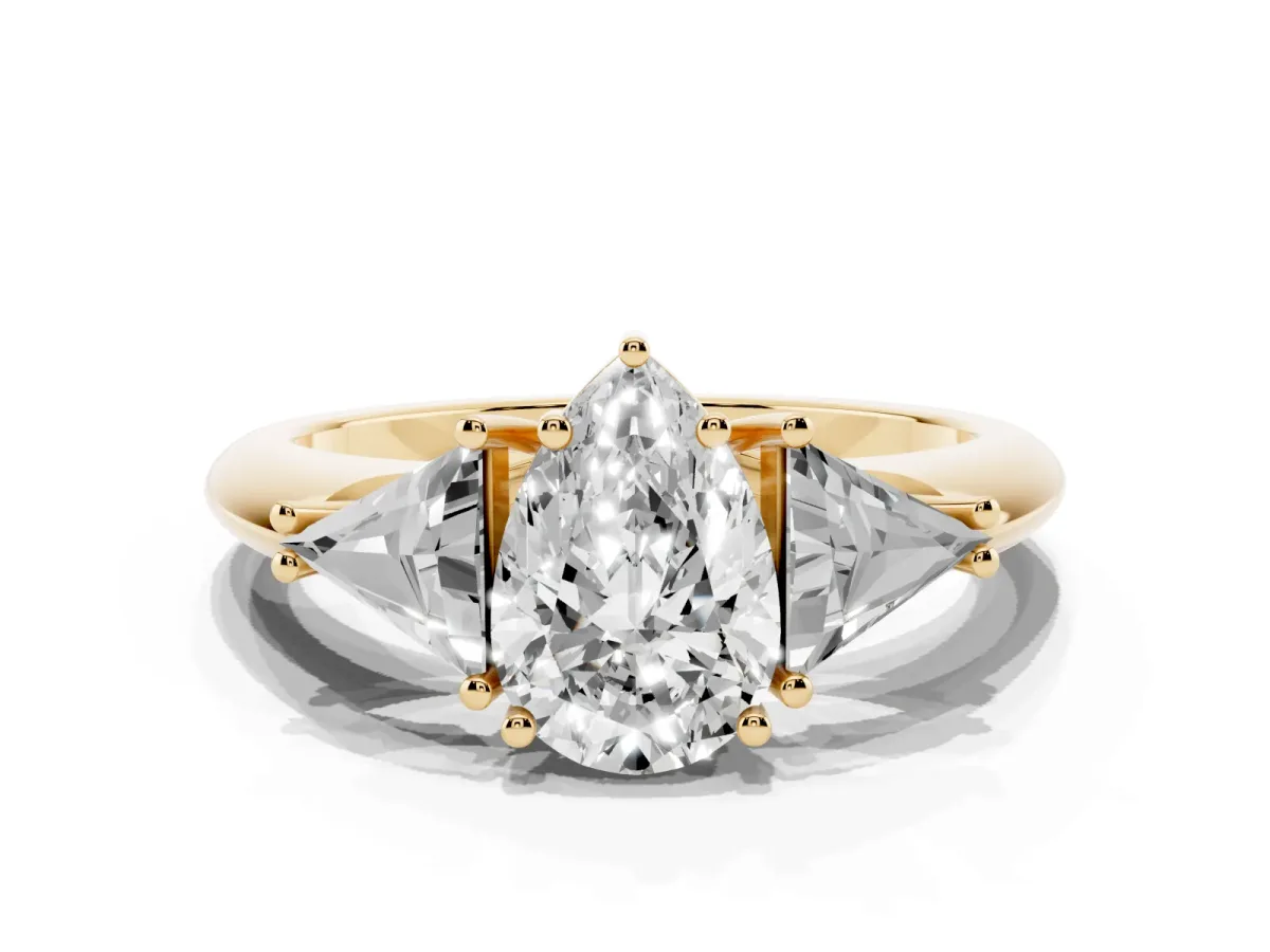 Three-Stone Pear Cut Diamond Engagement Ring with Trillion Side Stones and Prong Setting Yellow gold