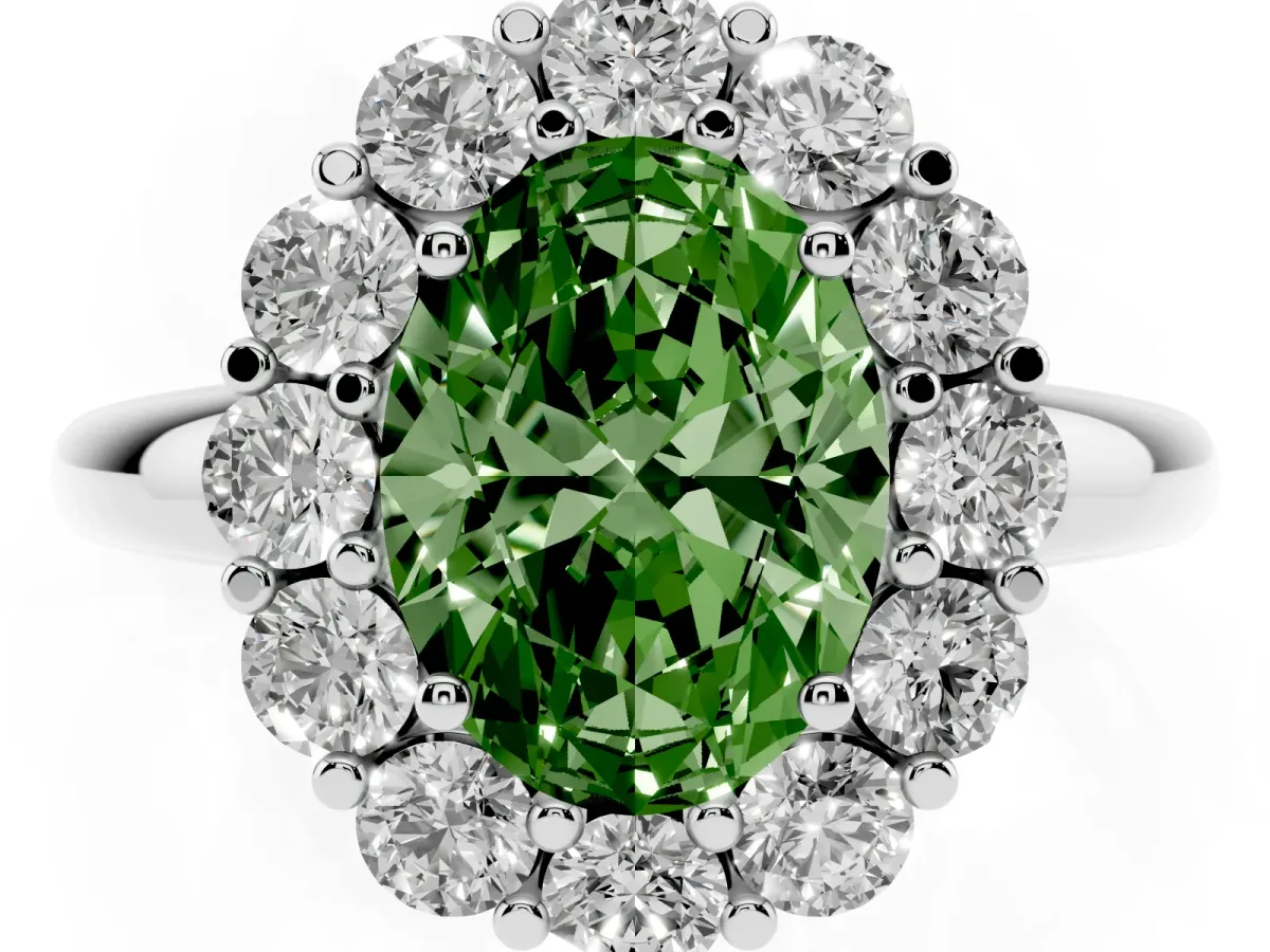 Fancy Green Oval Cut Halo Cluster Diamond Engagement Ring with Prong Setting and Polished Band Platinum