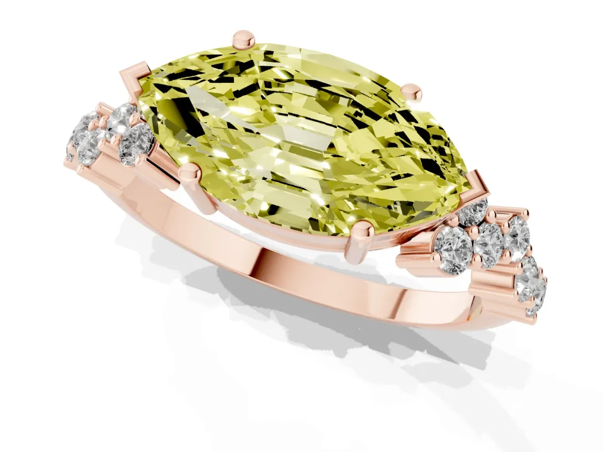 Fancy Yellow Marquise Cut Diamond Scattered Round Accent Ring with Prong Setting Rose gold