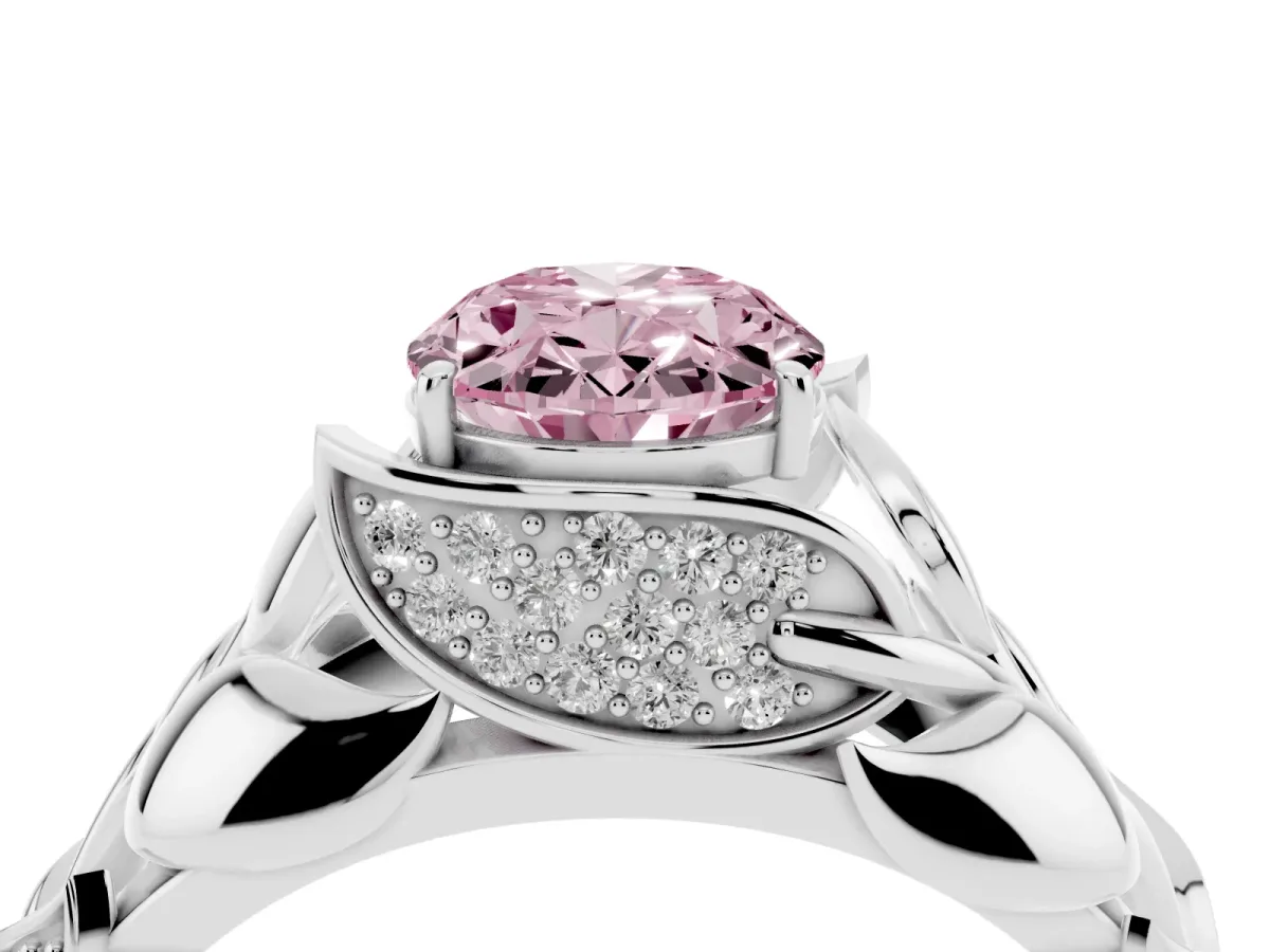 Fancy Pink Oval Cut Diamond Leaf-Inspired Engagement Ring with Round Accents and Prong Setting Silver