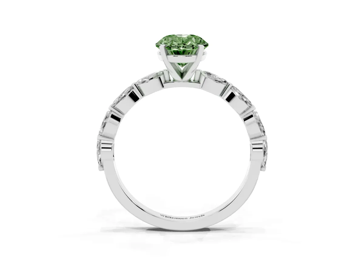 Fancy Green Oval Cut Diamond Ring with Marquise Side Stones and Prong Setting Platinum