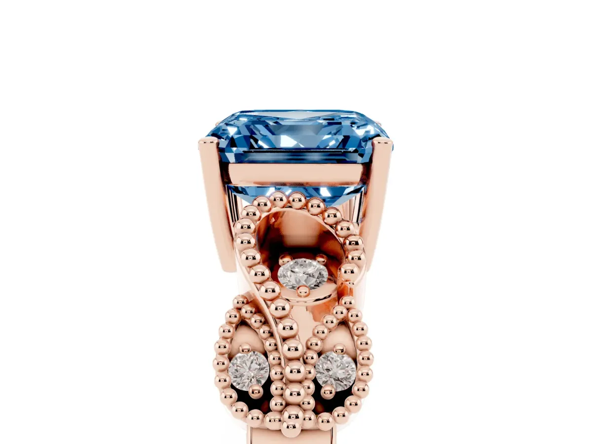 Fancy Blue Asscher Cut Solitaire Milgrain Leaf Band with Prong Setting Rose gold