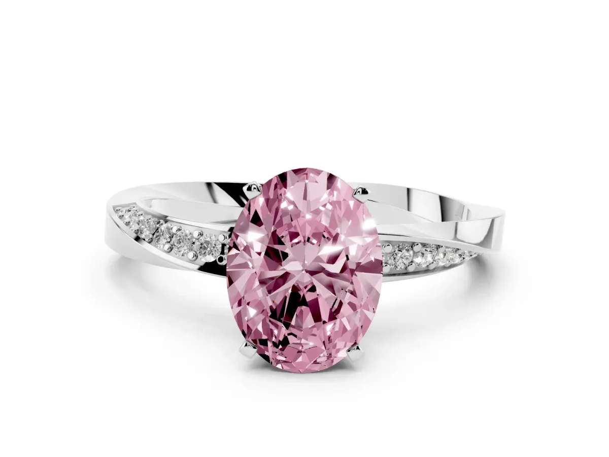 Fancy Pink Oval Cut Diamond Engagement Ring with Side Stone Accents and Four-Prong Setting Silver