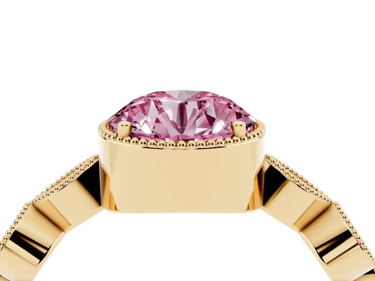 Fancy Pink Round Cut Diamond Vintage Milgrain Ring with Round Stations Yellow gold