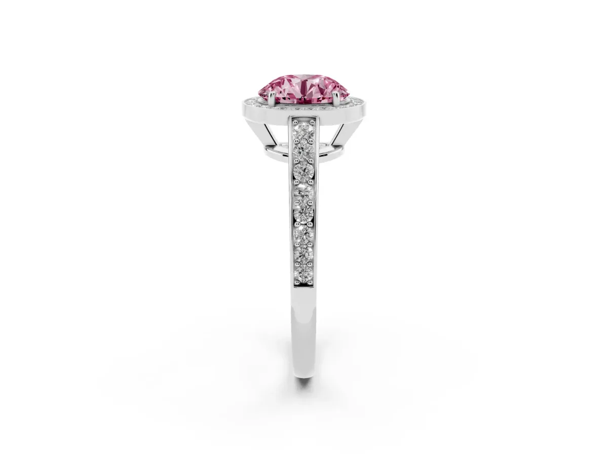 Fancy Pink Round Cut Halo Pavé Diamond Engagement Ring with Bezel Setting Silver
