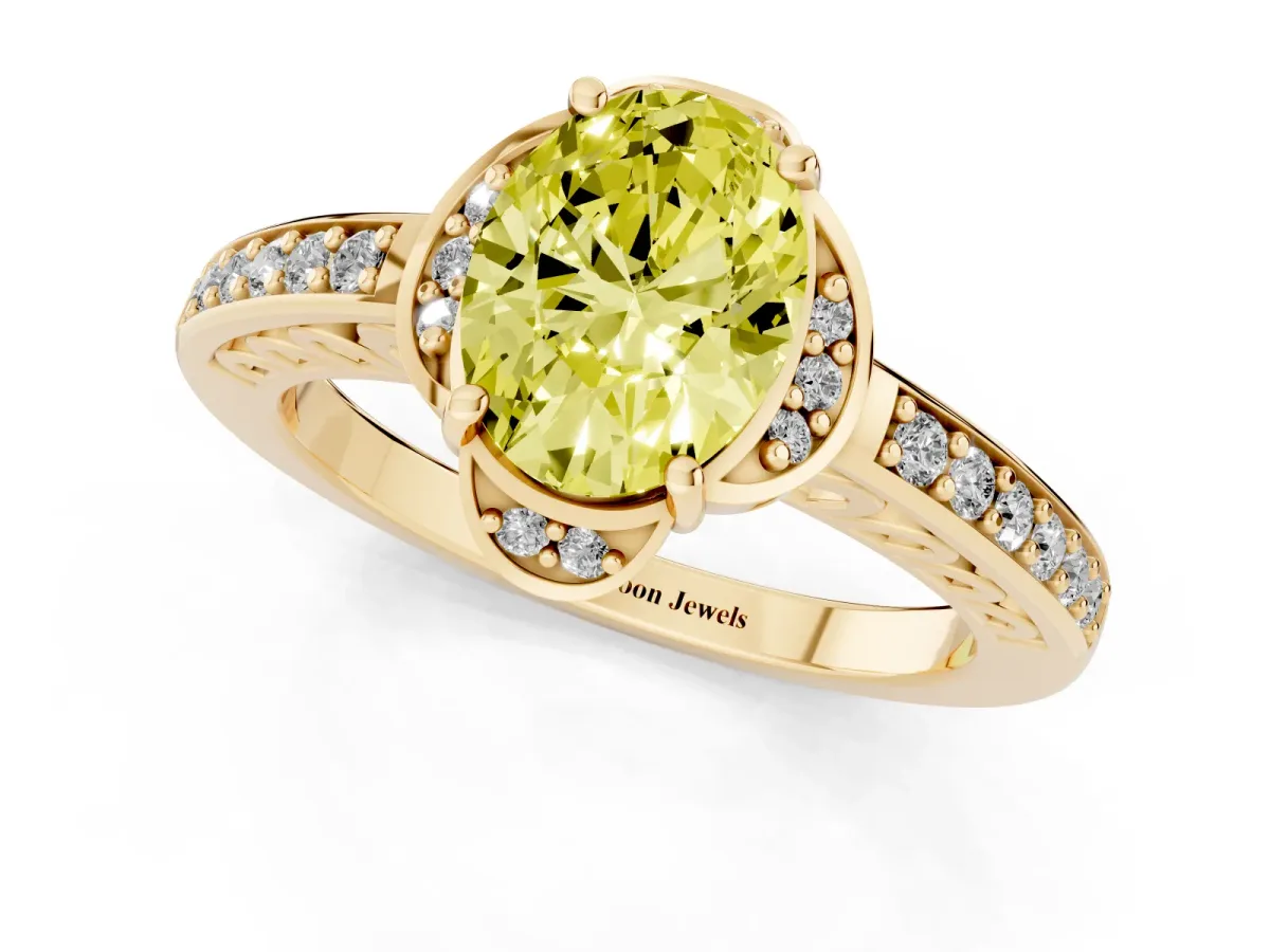 Fancy Yellow Oval Cut Cut Halo Diamond Ring with Channel Set Band and Four-Prong Setting Yellow gold