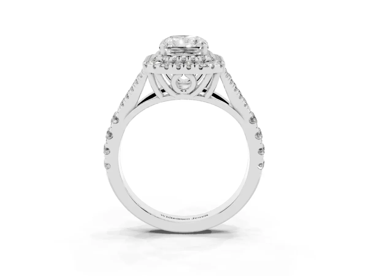 Radiant Cut Diamond Pavé Split Shank Double Halo Engagement Ring Silver