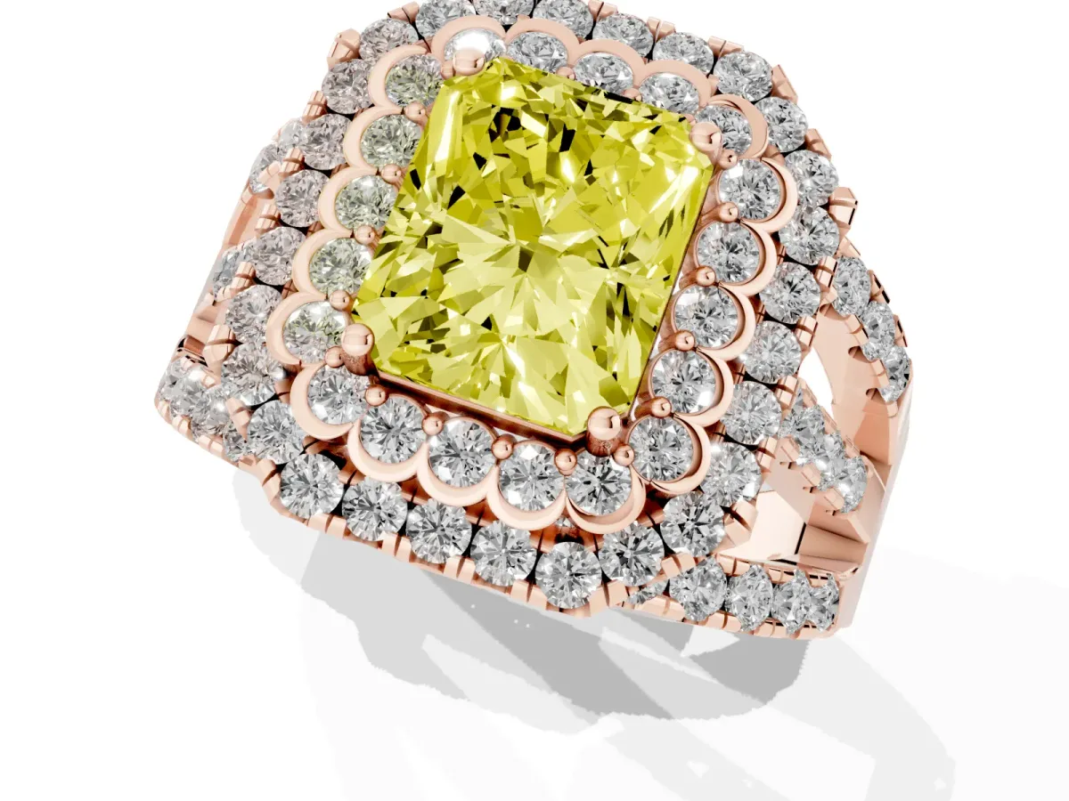 Fancy Yellow Radiant Cut Diamond Double Halo Ring with Round Pavé Split Shank and Prong Setting Rose gold