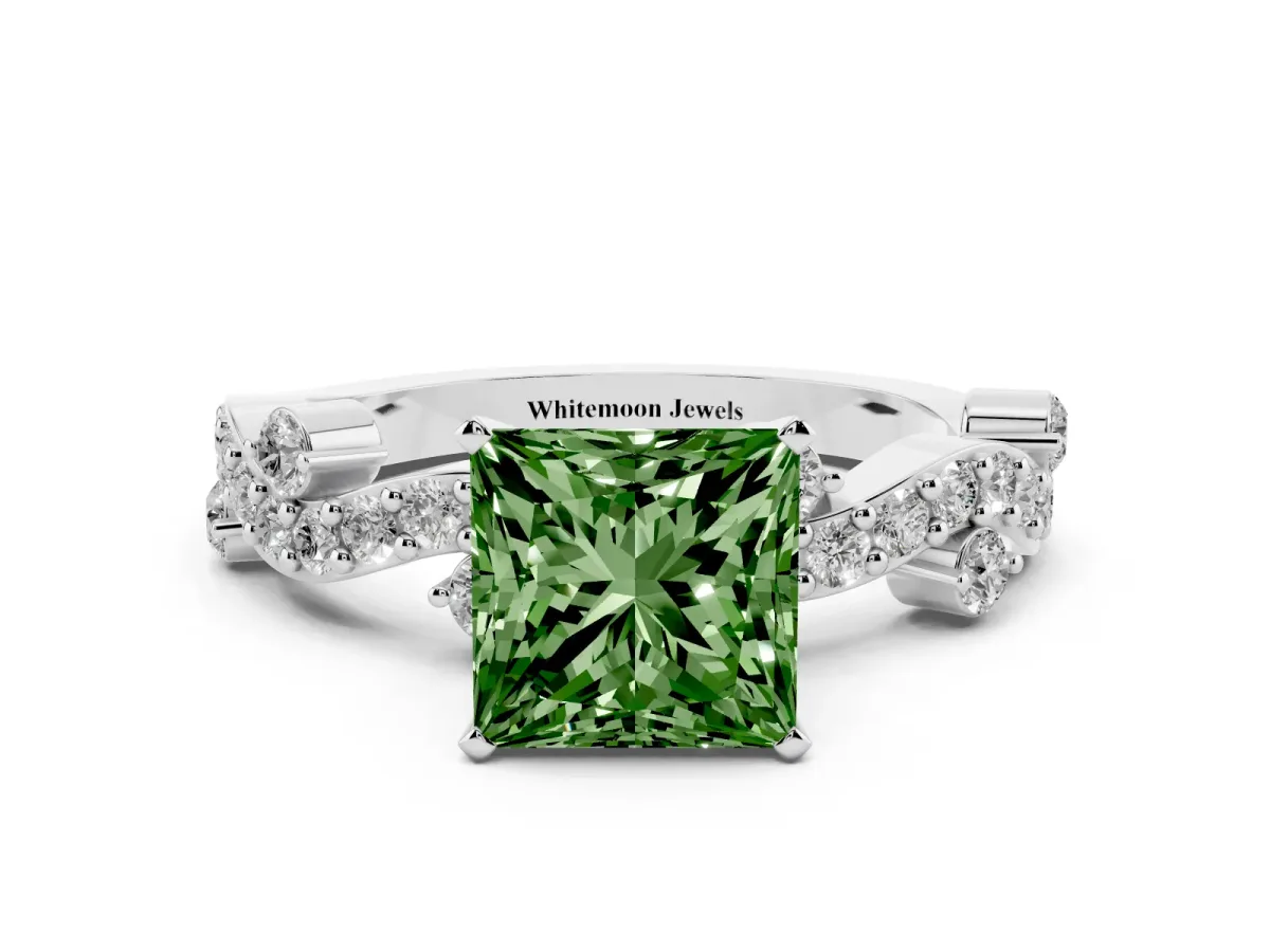 Fancy Green Princess Cut Cut Solitaire Diamond Twisted Band with Pave Setting Platinum