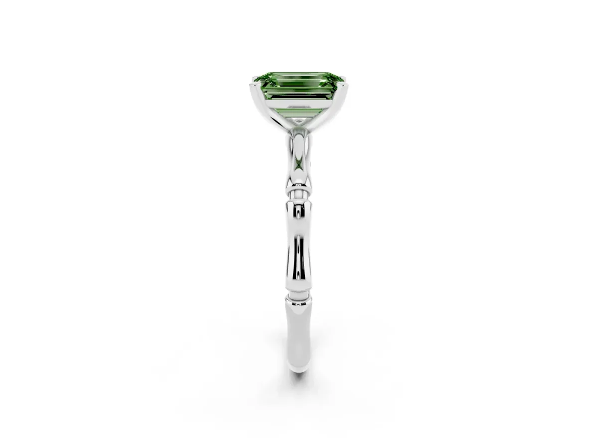 Fancy Green Emerald Cut Solitaire Diamond Ring with Bamboo Band and Four-Prong Setting Silver