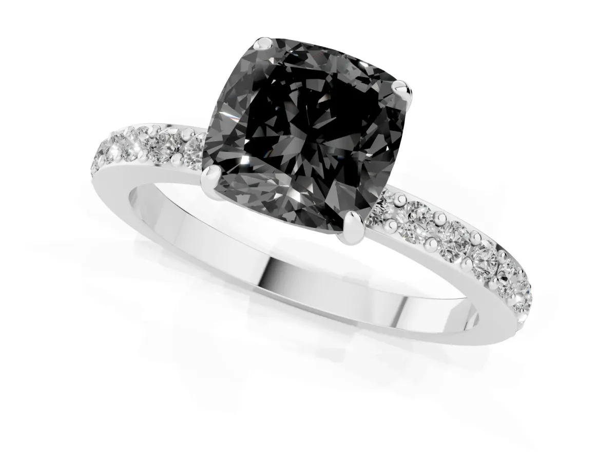 Fancy Black Cushion Cut Diamond Solitaire Engagement Ring with Pavé Band and Four-Prong Setting Silver